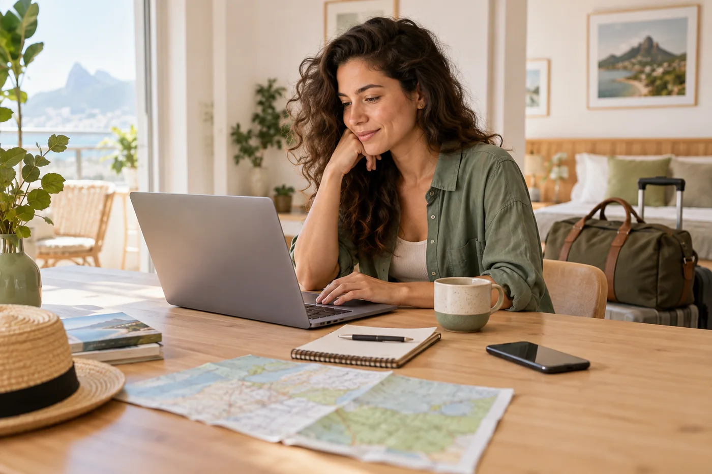 Viajante planejando uma estadia e fazendo sua reserva pelo notebook
